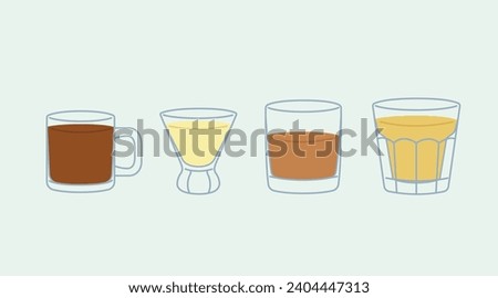 Set of short glasses with drinks, cup, rocks glass, old fashioned glass. Different type of glassware. Flat style vector illustration