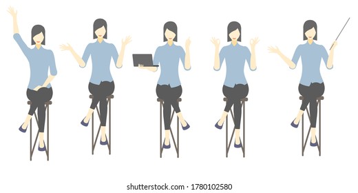 Set of short haired Business woman characters while sittings on a chair in different postures. Flat design style, Isolated on a white background, vector illustration. 