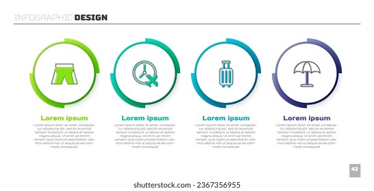 Set Short or pants, Clock with airplane, Suitcase and Sun protective umbrella. Business infographic template. Vector
