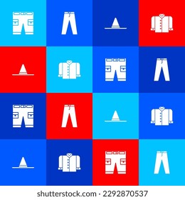 Ponga pantalones cortos, pantalones, sombrero de trabajador de jardinero e icono de camiseta. Vector