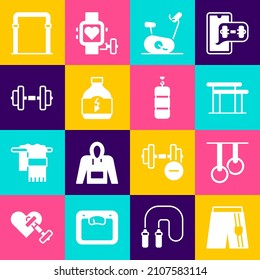 Set Short or pants, Gymnastic rings, Uneven bars, Stationary bicycle, Sports nutrition, Dumbbell, horizontal and Punching bag icon. Vector