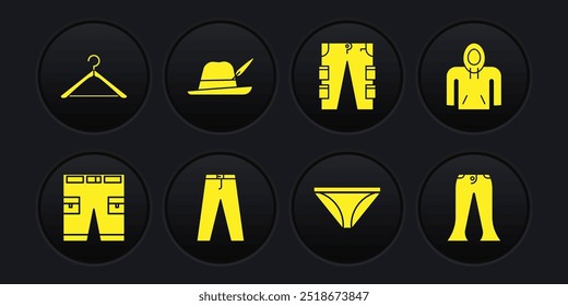 Conjunto corto o pantalones, sudadera con capucha, pantalones, calzoncillos de hombre, cargo, sombrero Oktoberfest e icono de armario de percha. Vector