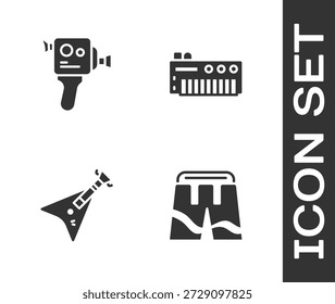 Set Short ou calças, câmera de cinema Retro, guitarra baixo elétrico e ícone de sintetizador de música. Vetor