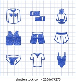 Set Short or pants, Shirt, Swimsuit, Skirt, Men underpants, Waistcoat, Hoodie and  icon. Vector