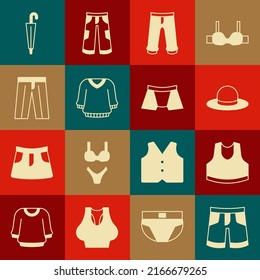 Set Short or pants, Undershirt, Man hat, Pants, Sweater, Umbrella and Men underpants icon. Vector