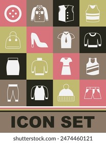 Set Short or pants, Undershirt, Sweater, Waistcoat, Woman shoe, Handbag, Sewing button for clothes and Shirt icon. Vector