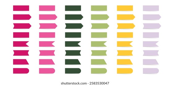 Set of short paper adhesive tape with shadows. Sticky office paper tape. Colored bookmarks, stickers for notes. Isolated realistic vector illustration in different shapes and colors