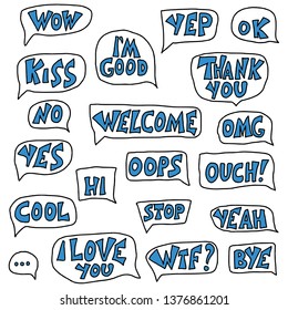 Set of short phrases. Hand drawn collection of speech bubbles with stylized words. Vector lettering elements in doodle style. 