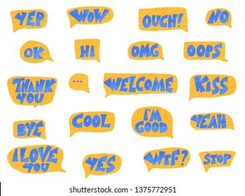 Set of short phrases. Ok, yep, wow, omg, welcome, cool, thank you, yes, hi, I'm good, I love you, bye,no, stop. Hand drawn collection of speech bubbles with stylized words. Vector lettering. 