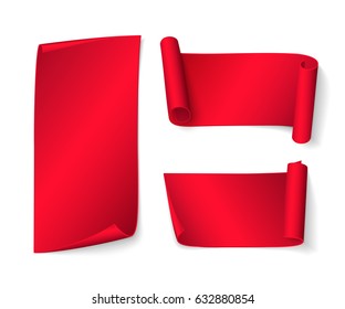 Set of short realistic red ribbons. Vector curved paper banners for design of flyers with sales and discounts offers. Isolated from the background