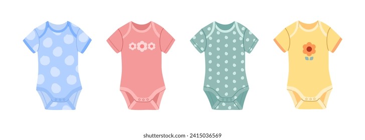 Set of short sleeve bodysuits for babies in pastel colors with various patterns. Vector illustration of summer wardrobe for newborn boys and girls.