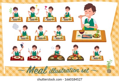 Un grupo de escolares de manga corta sobre comidas. Cocina japonesa y china, platos de estilo occidental, etc. Es arte vectorial, así que es fácil de editar.