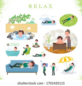 A set of short sleeve schoolboy about relaxing.There are actions such as vacation and stress relief.It's vector art so it's easy to edit.
