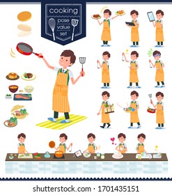 A set of short sleeve schoolboy about cooking.There are actions that are cooking in various ways in the kitchen.It's vector art so it's easy to edit.