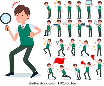 A set of short sleeve schoolboy with digital equipment such as smartphones.There are actions that express emotions.It's vector art so it's easy to edit.
