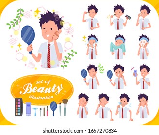 A set of short sleeve schoolboy on beauty.There are various actions such as skin care and makeup.It's vector art so it's easy to edit.
