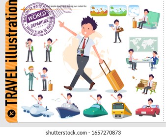 A set of short sleeve schoolboy on travel.There are also vehicles such as boats and airplanes.It's vector art so it's easy to edit.
