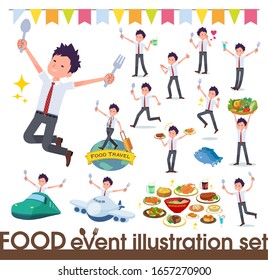 A set of short sleeve schoolboy on food events.There are actions that have a fork and a spoon and are having fun.It's vector art so it's easy to edit.
