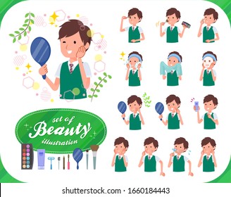 Un grupo de escolares de manga corta sobre belleza. Hay varias acciones como cuidado de la piel y maquillaje. Es arte vectorial, así que es fácil de editar.