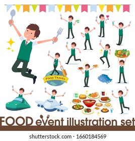 A set of short sleeve schoolboy on food events.There are actions that have a fork and a spoon and are having fun.It's vector art so it's easy to edit.
