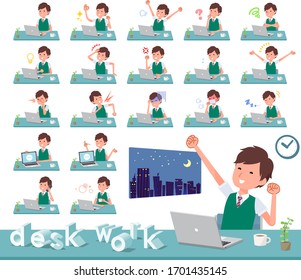 A set of short sleeve schoolboy on desk work.There are various actions such as feelings and fatigue.It's vector art so it's easy to edit.