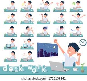 A set of short sleeve schoolboy on desk work.There are various actions such as feelings and fatigue.It's vector art so it's easy to edit.