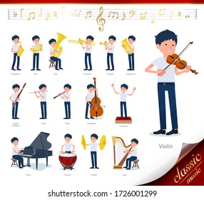 A set of short sleeve schoolboy on classical music performances.There are actions to play various instruments such as string instruments and wind instruments.It's vector art so it's easy to edit.
