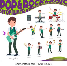 A set of short sleeve schoolboy playing rock 'n' roll and pop music.There are also various instruments such as ukulele and tambourine.It's vector art so it's easy to edit.
