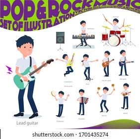 A set of short sleeve schoolboy playing rock 'n' roll and pop music.There are also various instruments such as ukulele and tambourine.It's vector art so it's easy to edit.
