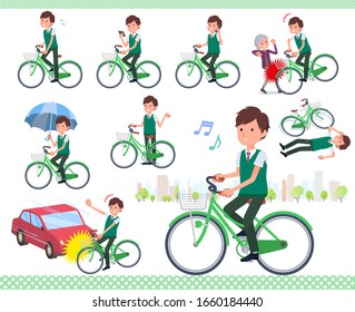Un grupo de escolares de manga corta en bicicleta de ciudad. Hay acciones en modales y problemas. Es arte vectorial, así que es fácil de editar.