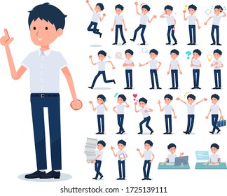 A set of short sleeve schoolboy with who express various emotions.There are actions related to workplaces and personal computers.It's vector art so it's easy to edit.
