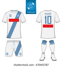 Set of short sleeve soccer jersey or football kit template for football club. Football shirt mock up. Front and back view soccer uniform. Flat football logo on blue label. Vector Illustration.