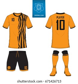 Set of short sleeve soccer jersey or football kit template for football club. Football shirt mock up. Front and back view soccer uniform. Flat football logo on blue label. Vector Illustration.