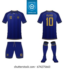 Set Of Short Sleeve Soccer Jersey Or Football Kit Template For Football Club. Football Shirt Mock Up. Front And Back View Soccer Uniform. Flat Football Logo On Blue Label. Vector Illustration.