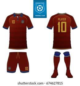 Set of short sleeve soccer jersey or football kit template for football club. Football shirt mock up. Front and back view soccer uniform. Flat football logo on blue label. Vector Illustration.