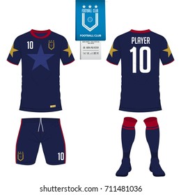 Set of short sleeve soccer jersey or football kit template for football club. Football t shirt mock up. Front view and back view soccer uniform. Flat football logo on blue label. Vector Illustration.