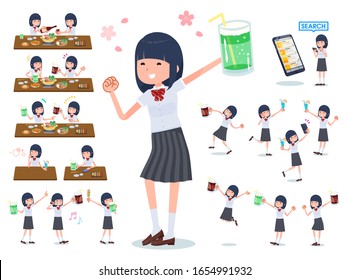 A set of Short sleeved school girl Enjoy a drink party.There is an action that expresses a lively state..It's vector art so it's easy to edit.
