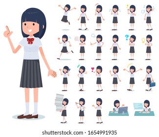 A set of Short sleeved school girl with who express various emotions.There are actions related to workplaces and personal computers.It's vector art so it's easy to edit.
