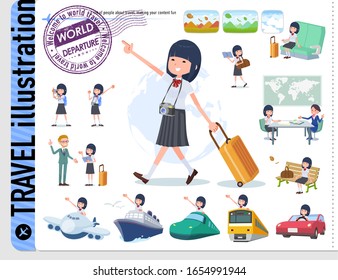 A set of Short sleeved school girl on travel.There are also vehicles such as boats and airplanes.It's vector art so it's easy to edit.
