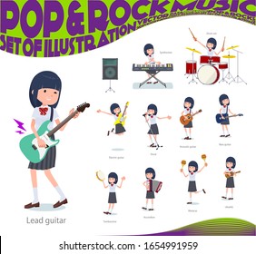 A set of Short sleeved school girl playing rock 'n' roll and pop music.There are also various instruments such as ukulele and tambourine.It's vector art so it's easy to edit.
