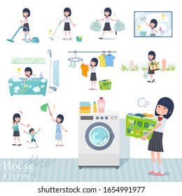 A set of Short sleeved school girl related to housekeeping such as cleaning and laundry.There are various actions such as child rearing.It's vector art so it's easy to edit.
