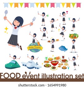 A set of Short sleeved school girl on food events.There are actions that have a fork and a spoon and are having fun.It's vector art so it's easy to edit.
