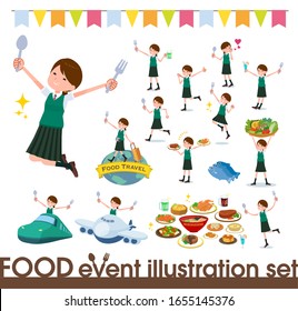 A set of Short sleeved school girl on food events.There are actions that have a fork and a spoon and are having fun.It's vector art so it's easy to edit.
