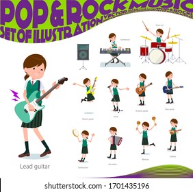 A set of Short sleeved school girl playing rock 'n' roll and pop music.There are also various instruments such as ukulele and tambourine.It's vector art so it's easy to edit.
