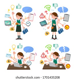 A set of Short sleeved school girl who perform multitasking in the office.There are things to do smoothly and a pattern that is in a panic.It's vector art so it's easy to edit.
