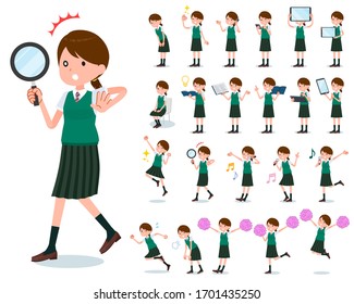 A set of Short sleeved school girl with digital equipment such as smartphones.There are actions that express emotions.It's vector art so it's easy to edit.
