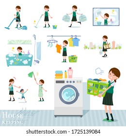 A set of Short sleeved school girl related to housekeeping such as cleaning and laundry.There are various actions such as child rearing.It's vector art so it's easy to edit.
