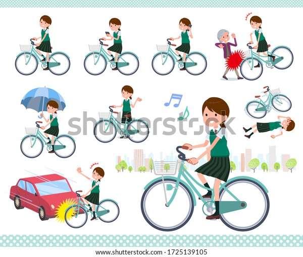 A set of Short sleeved school girl riding a city\
cycle.There are actions on manners and troubles.It\'s vector art so\
it\'s easy to edit.\
