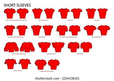 Set of Short sleeves clothes fitted, cap, puff, flutter, shirt, bubble, wing, petal technical fashion illustration, fitted body. Flat apparel template front, back sides. Women, men unisex CAD mockup