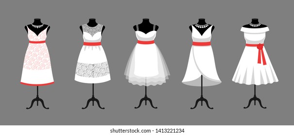 Set of short white wedding, evening, cocktail dresses in different styles. Vector illustration.

